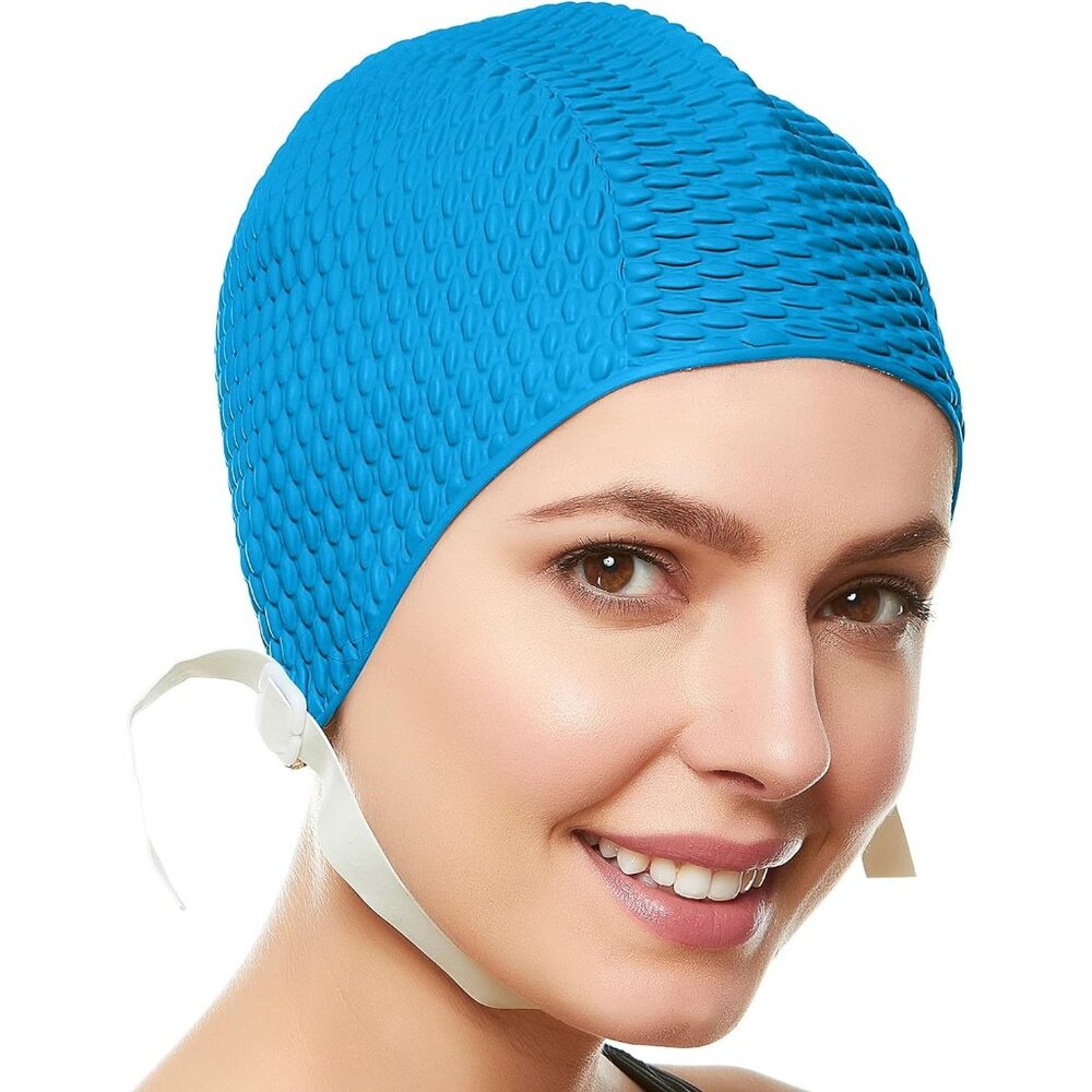 Beemo Swim Cap Women Chin Strap Bubble Crepe Latex Long Short Hair - Light Blue